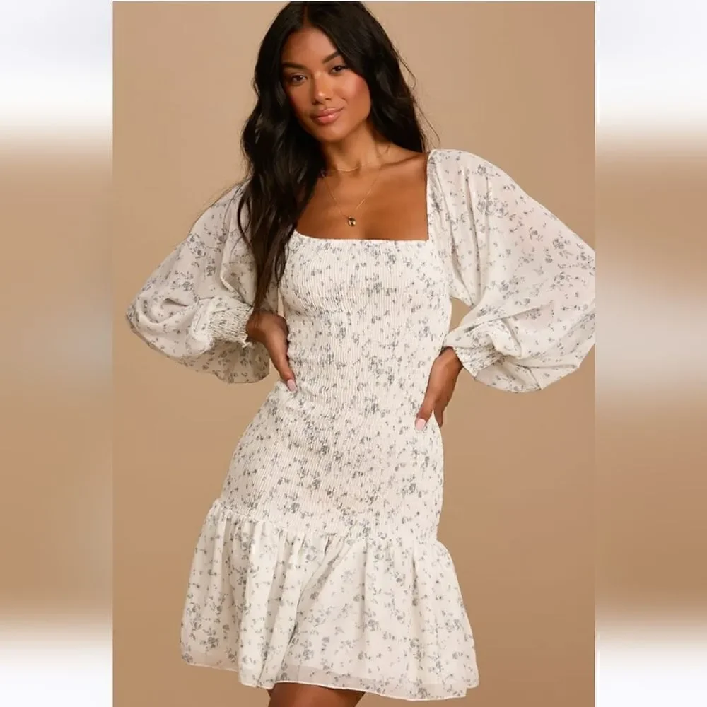 Lulu's Va Va Bloom Ivory Floral Print Smocked Long Sleeve Mini Dress Size XS